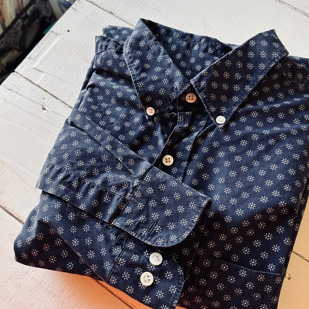 BANANA REPUBLIC Mens‎ Navy Star Print Button Down Long Sleeve Shirt Size L
